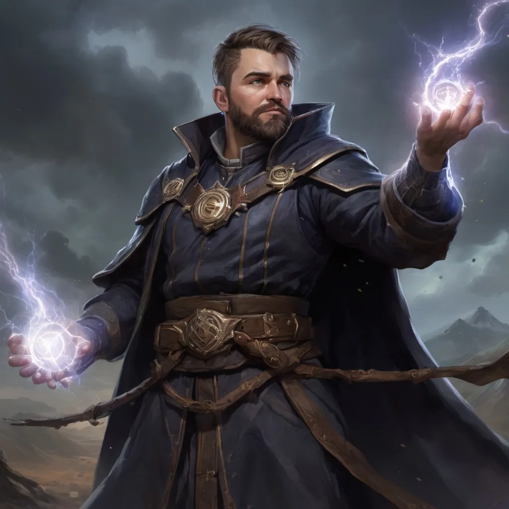 Prompt: Male stocky heavy-set large cleric with short-cut hair and beard, casting a magical spell out of hands, on a batle field in a dark storm, pathfinder, d&d setting, in a realistic high quality digital art style, enhanced shadow quality