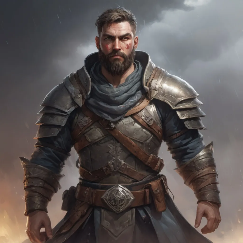 Prompt: Male stocky heavy-set warrior with short-cut hair and beard, on a battlefield in a tornado, pathfinder, d&d setting, in a realistic high quality digital art style, enhanced shadow quality, colorful