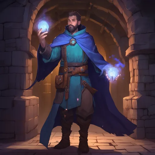 Prompt: (Full body) male big-chested astral-mage with short hair and beard, in a dungeon at night, pathfinder, d&d setting, in a realistic digital art style