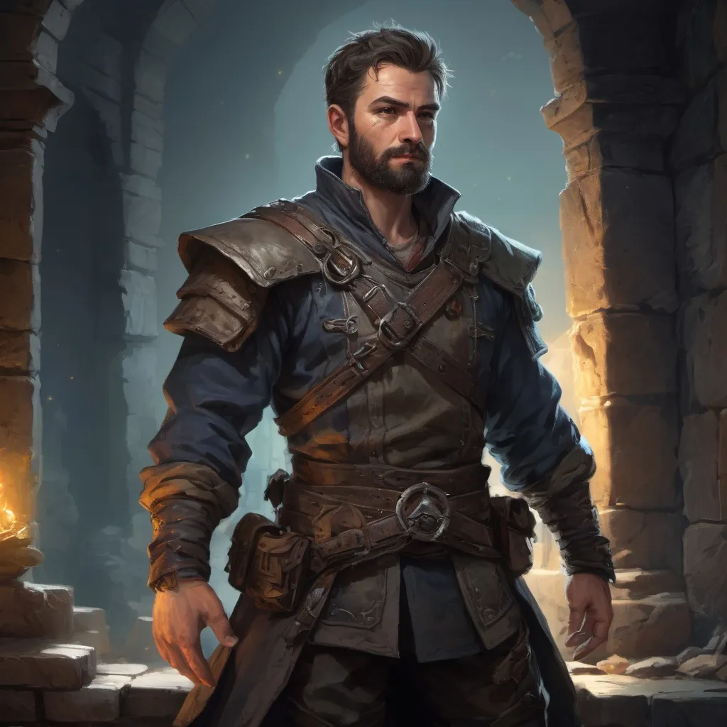 Prompt: Male stocky large mature rogue-Bard with short-cut hair and beard, in a ruined temple dungeon at night, pathfinder, d&d setting, realistic , enhanced shadow quality, colorful