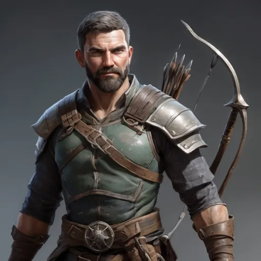 Prompt: (torso) Male heavy-set mature fit archer-ranger with short-cut hair and beard, holding fantasy-weapon , in a windy battlefield, pathfinder, d&d setting, enhanced shadow quality