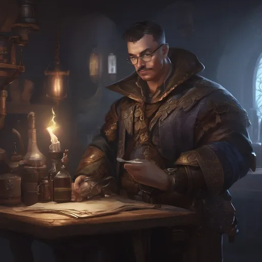 Prompt: (Full body) male stocky alchemist with short hair and mustache,  in a dark room, pathfinder, d&d setting, in a realistic digital art style