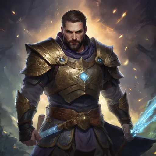 Prompt: Male stocky large fat paladin with short-cut hair and beard, open shirt hairy chest, in combat casting a magic-ray out of hands in nature at night, pathfinder, d&d setting, in a realistic high quality digital art style, enhanced shadow quality, colorful