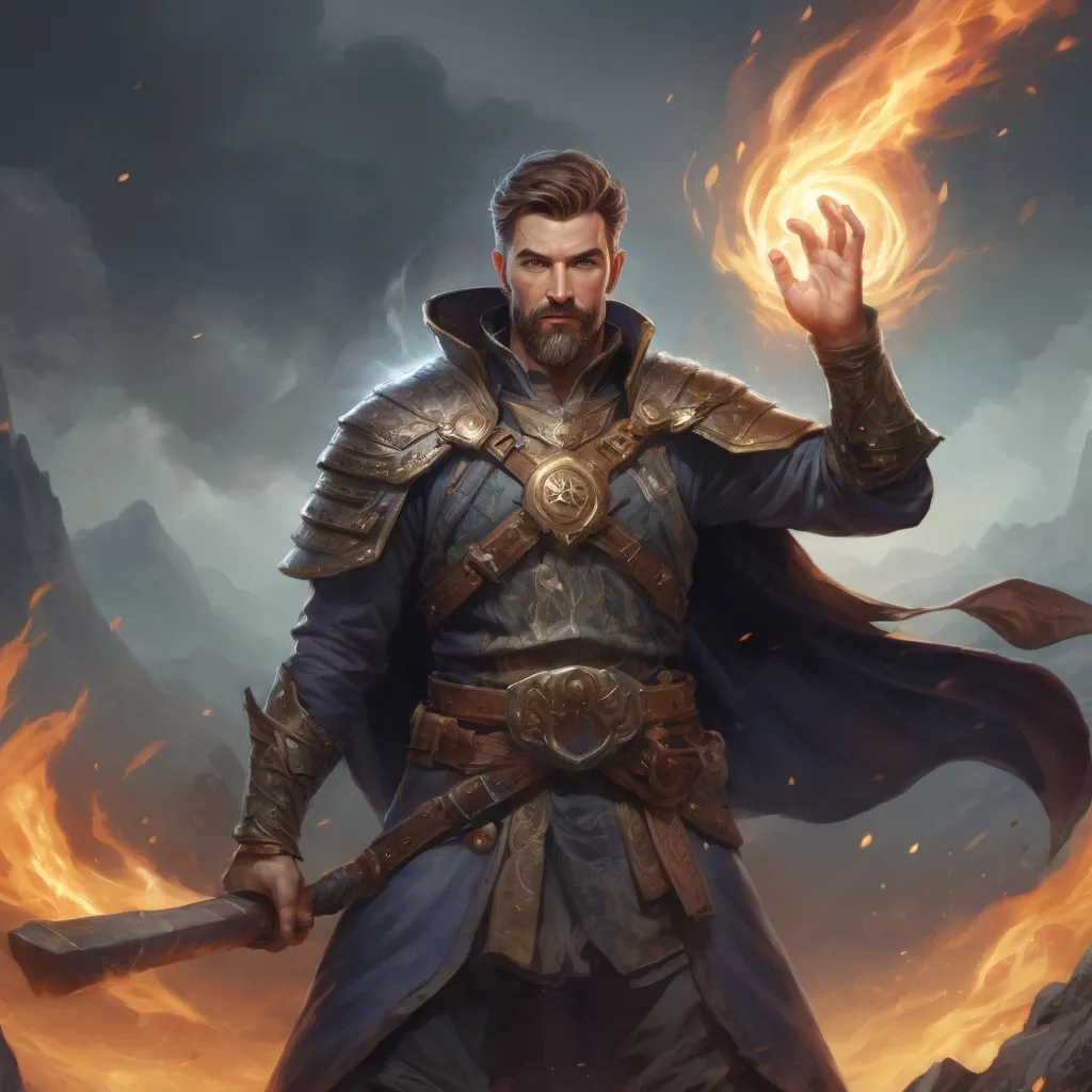 Prompt: Male large mature handsome battlemage with short hair and beard, casting a wind-spell out of hands on a battlefield, pathfinder, d&d setting, in a realistic high quality digital art style, colorful