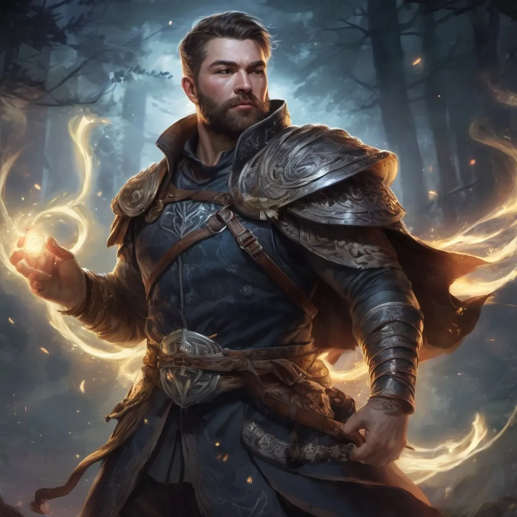 Prompt: (Full body) male stocky fat masculine warrior with short hair and beard, surrounded by swirly bright spell, in nature at night, pathfinder, d&d setting, realistic