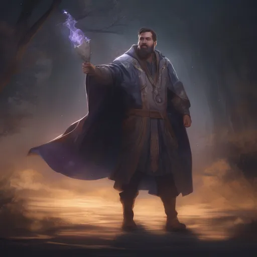 Prompt: (Full body) male stocky magical sorcerer with short-cut hair and beard, casting a magical spell, in nature in the dark, cloak, pathfinder, d&d setting, in a realistic digital art style