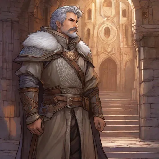 Prompt: (Full body) A hairy broad-chested large handsome male magus with short-cut grey hair a mustache and stubble, pathfinger,  light-armor, magic swirl, dungeons and dragons, hairy chest, brown boots, fantasy setting, coming out a large towngate late at night, in a painted style realistic art