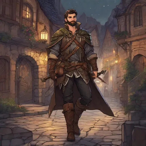 Prompt: (Full body) A male short-haired ranger with open shirt hairy chest and short beard holding a bow, leather armor with leaf details, manly, dungeons and dragons fantasy setting, night time in a town street, in a painted style