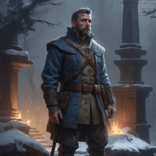 Prompt: Male stocky mature Halbardier, with short hair and beard, standing on an old temple in a forest at night in a blizzard, pathfinder, d&d setting, in a realistic high quality digital art style, enhanced shadow quality, colorful