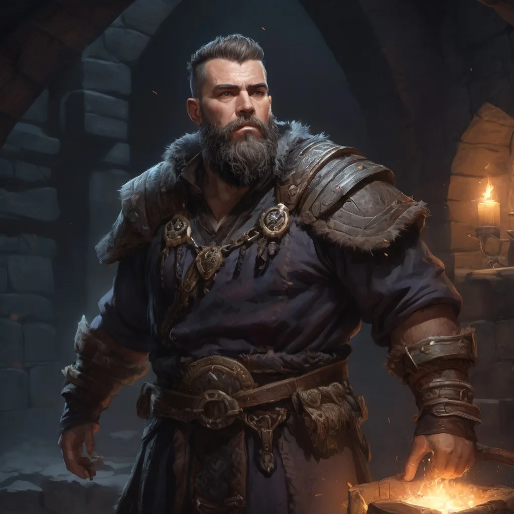 Prompt: male stocky large-built druid with short-cut hair and beard, in  a dungeon at night pathfinder, d&d setting, in a realistic digital art style