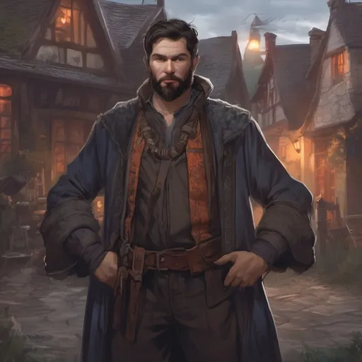 Prompt: (Full body) male manly stocky noble magical sorcerer with dark short-cut hair and beard, outside of a small village at night, pathfinder, d&d setting, in a realistic digital art style