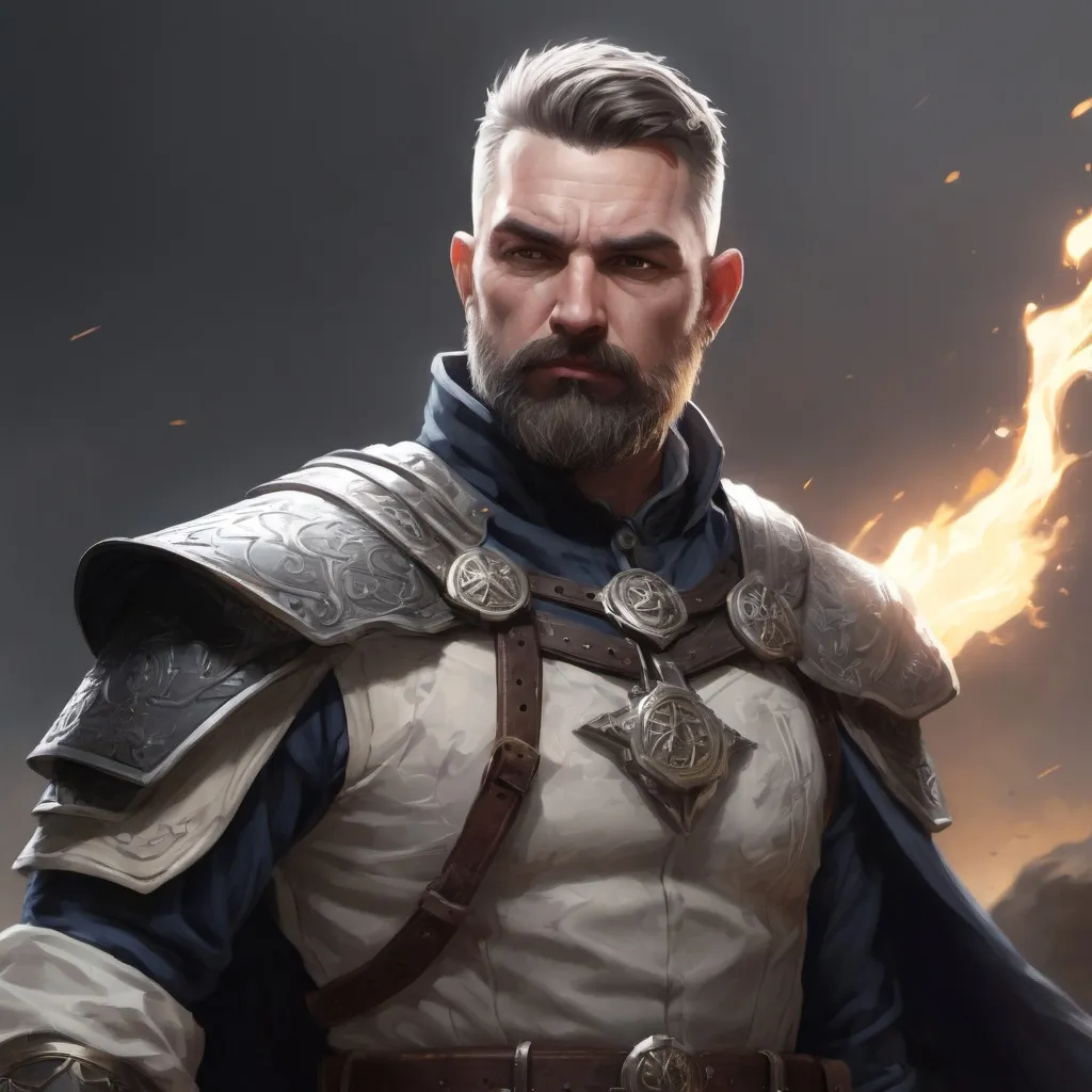 Prompt: Male stocky heavy-set mature illutionist with short-cut hair and beard, on a battlefield, in combat, casting a white-spell, pathfinder, d&d setting, in a realistic high quality digital art style, enhanced shadow quality