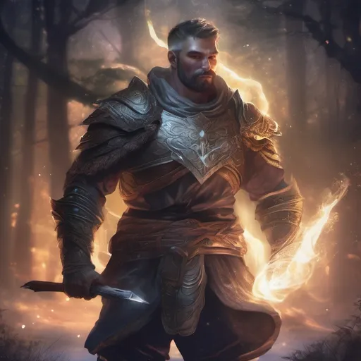 Prompt: (Full body) male stocky warrior of light with striped short hair and beard, casting swirly bright astral spell, in nature at night, pathfinder, d&d setting, in a realistic digital art style