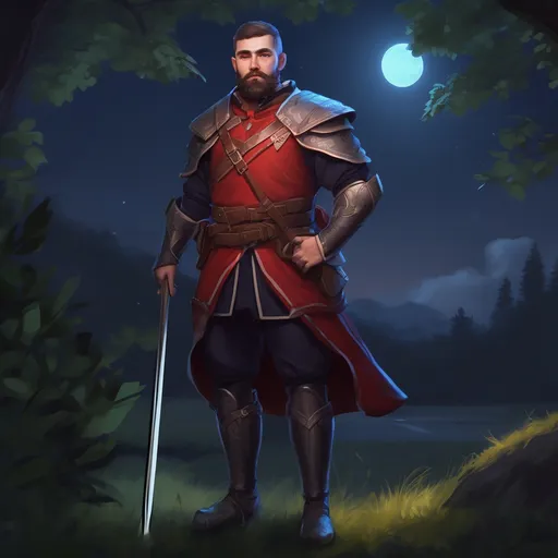 Prompt: (Full body) male magical stocky royal guard with short hair and beard, in nature at night, pathfinder, d&d setting, in a realistic digital art style