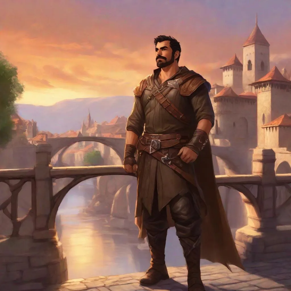 Prompt: (Full body) A broad-chested large arab male rogue with short-cut hair a mustache and stubble, pathfinger,  no shirt hairy chest, magic swirl, leather pants, holding a weapon, dungeons and dragons, brown boots, fantasy setting, on a small town bridge, in a painted style realistic art