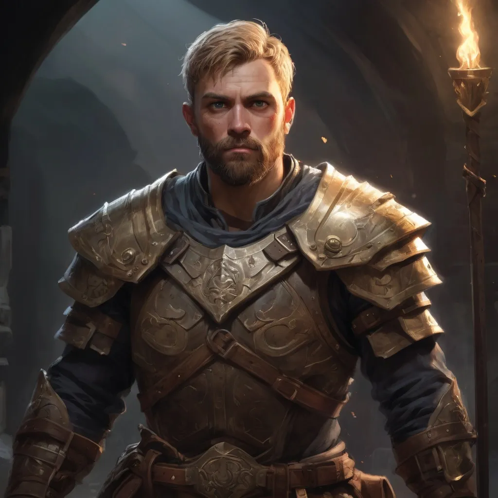 Prompt: Male stocky warrior in  a breastplate, with short dark-blonde hair and beard, exploring a dark dungeon, pathfinder, d&d setting, in a realistic high quality digital art style, enhanced shadow quality, very colorful
