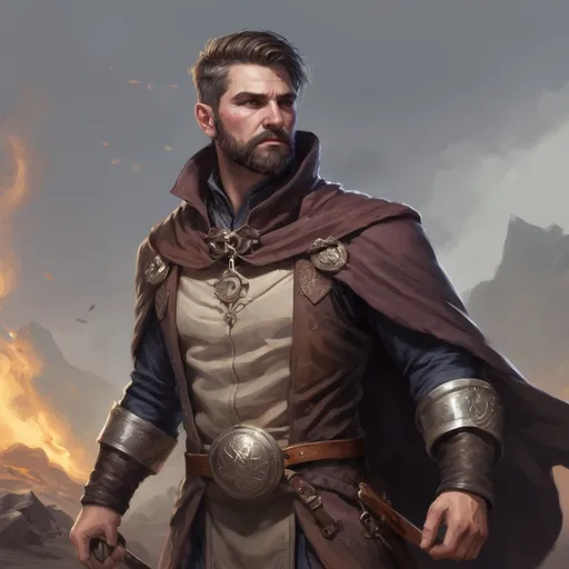 Prompt: Male stocky heavy-set welch royal magus with short-cut hair and beard, casting spell on a windy battlefield, pathfinder, d&d setting, in a realistic high quality digital art style, enhanced shadow quality