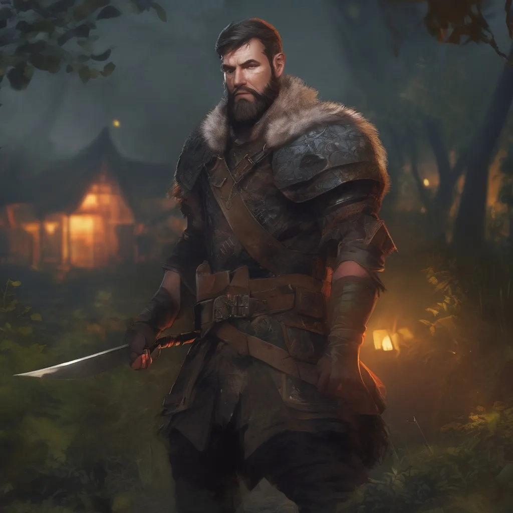 Prompt: (Full body) male stocky martial fighter with hairy chest and short hair and beard, in nature at night, pathfinder, d&d setting, in a realistic digital art style