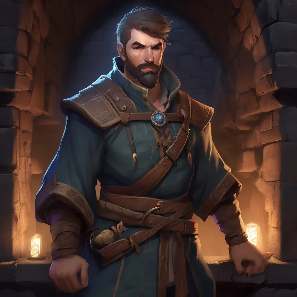 Prompt: (Full body) male big-chested time-mage with short hair and beard, in a dungeon at night, pathfinder, d&d setting, in a realistic digital art style