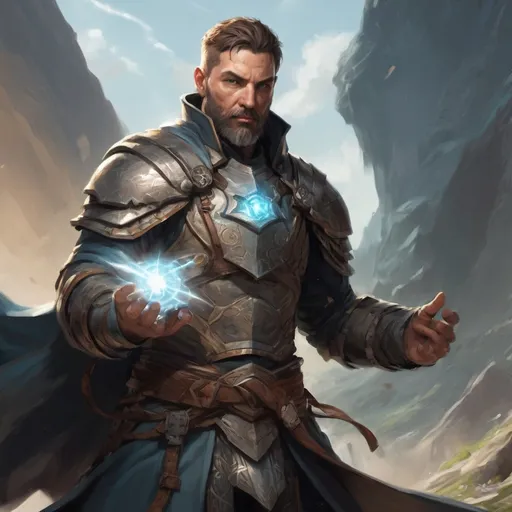Prompt: (torso) Male stocky large fit 37-year old battle-mage with short-cut hair and beard, in combat casting a magic-ray out of hands in a windy path, pathfinder, d&d setting, in a realistic high quality digital art style, enhanced shadow quality, colorful