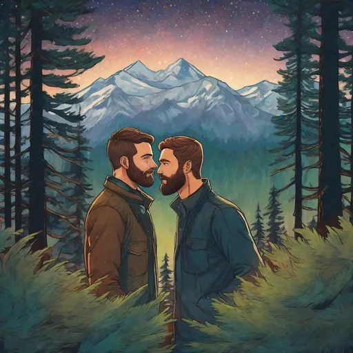 Prompt: Colourful picture of two handsome man with short brunette hair and a beard, reaching for each other, are surrounded by Sitka Spruce trees, framed by stars, in a painted style