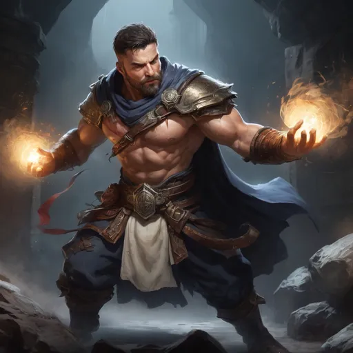 Prompt: Male stocky large muscular battle-mage with short-cut hair and beard, engaged in combat casting a white-light spell inside of a dark dungeon, pathfinder, d&d setting, realistic, enhanced shadow quality, colorful