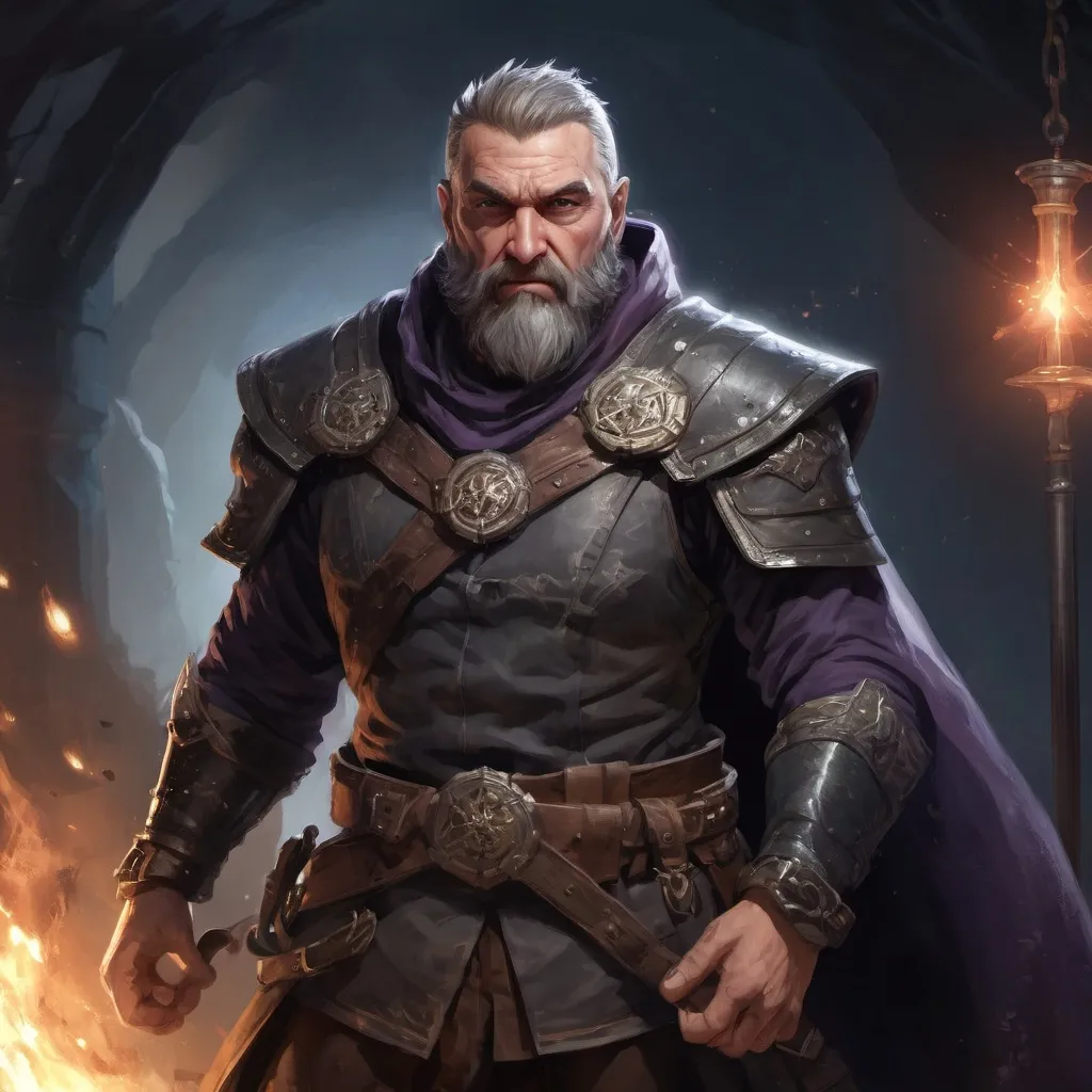 Prompt: Male stocky large mature fighter with short-cut hair and beard, exploring a dark astral magical dungeon in combat, pathfinder, d&d setting, in a realistic high quality digital art style, enhanced shadow quality