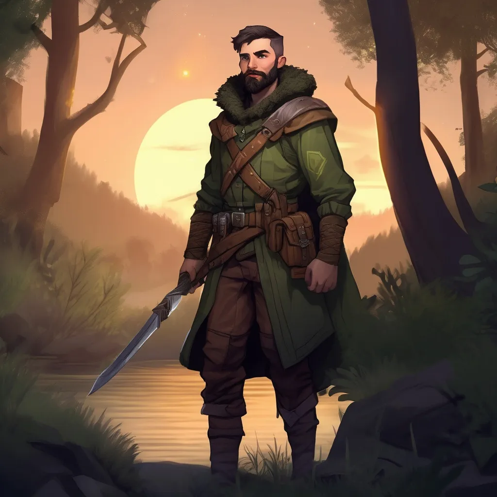 Prompt: (Full body) male ranger with short hair and beard, in nature at night, pathfinder, d&d setting, in a realistic digital art style