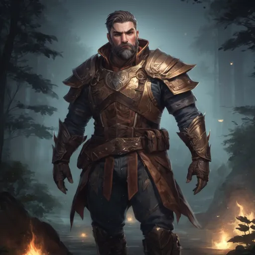 Prompt: (Full body) male stocky big-chested noble dragoon with striped short hair and beard, in nature at night, pathfinder, d&d setting, in a realistic digital art style