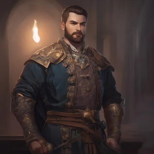 Prompt: (Full body) male stocky young royal noble with short-cut hair and beard, in a dark room, pathfinder, d&d setting, in a realistic digital art style