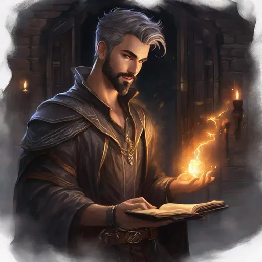 Prompt: (Full body) handsome young elemental wizard glowing eyes with short cut hair with grey streaks short beard, manly face, leather shirt, casting a magic spell, pathfinder, dungeons and dragons, in a dark back street, in a painted style, realistic