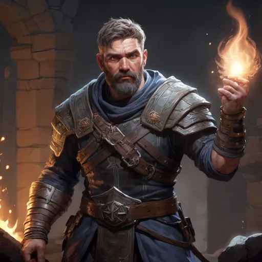 Prompt: Male stocky large mature scottish fighter with short-cut hair and beard, exploring a dark astral magical dungeon in combat, pathfinder, d&d setting, in a realistic high quality digital art style, enhanced shadow quality