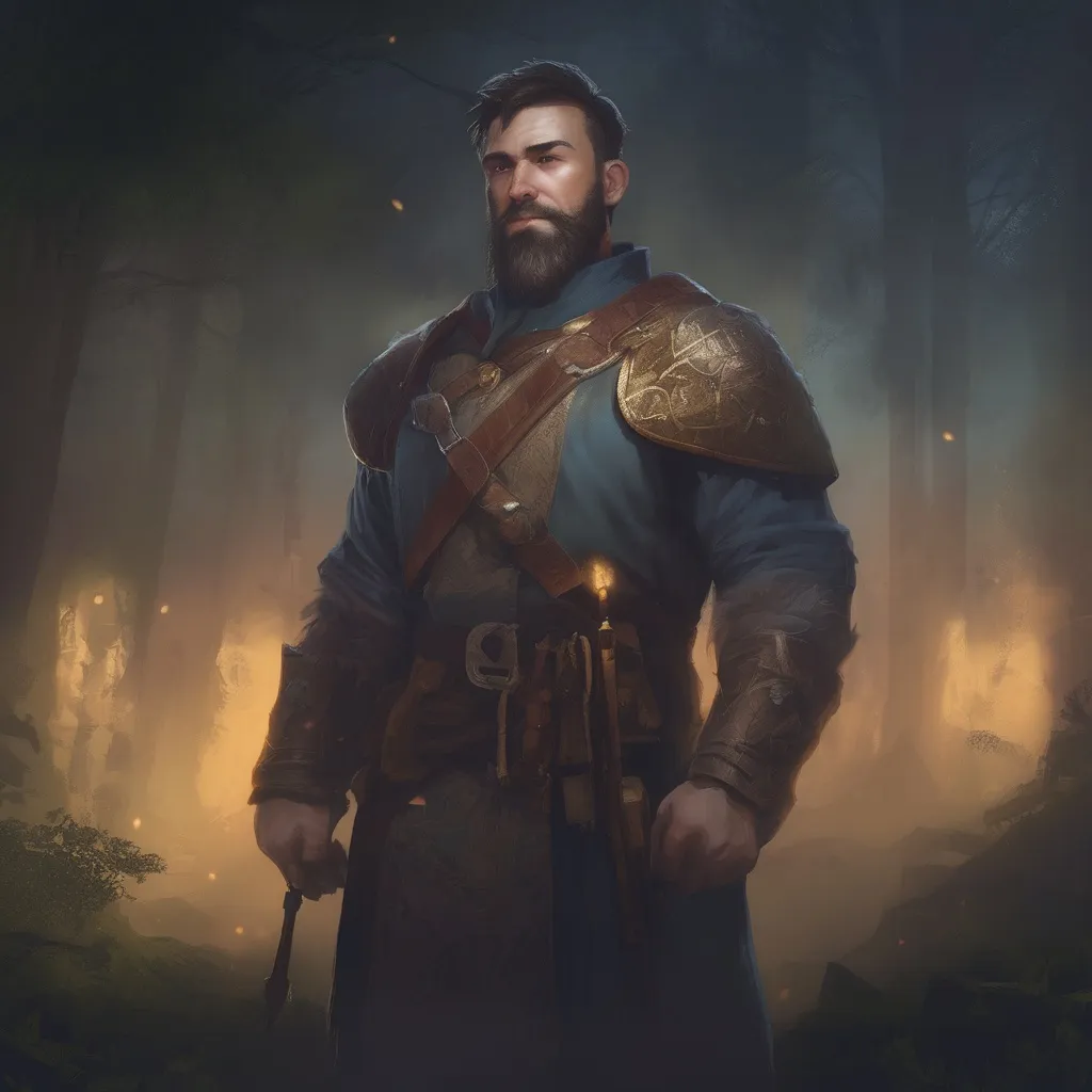 Prompt: (Full body) male stocky cleric with hairy chest and short hair and beard, in nature at night, pathfinder, d&d setting, in a realistic digital art style