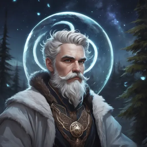 Prompt: male stocky large-built arctic druid with short-cut hair and a mustache, casting a swirly astral-spell, in nature at night pathfinder, d&d setting, in a realistic digital art style