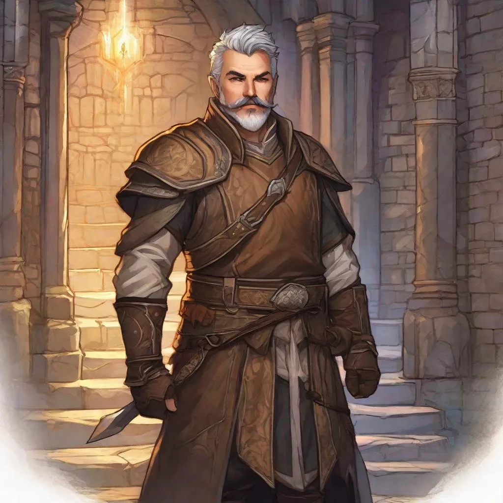 Prompt: (Full body) A hairy broad-chested large handsome male magus with short-cut grey hair a mustache and stubble, pathfinger,  light-armor, dungeons and dragons, hairy chest, brown boots, fantasy setting, coming out a large towngate late at night, in a painted style realistic art