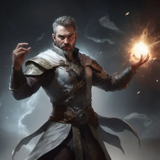 Prompt: Male stocky large mature fit battle-mage with short-cut hair and beard, engaged in combat casting a white-light spell in a dark room, pathfinder, d&d setting, realistic, enhanced shadow quality