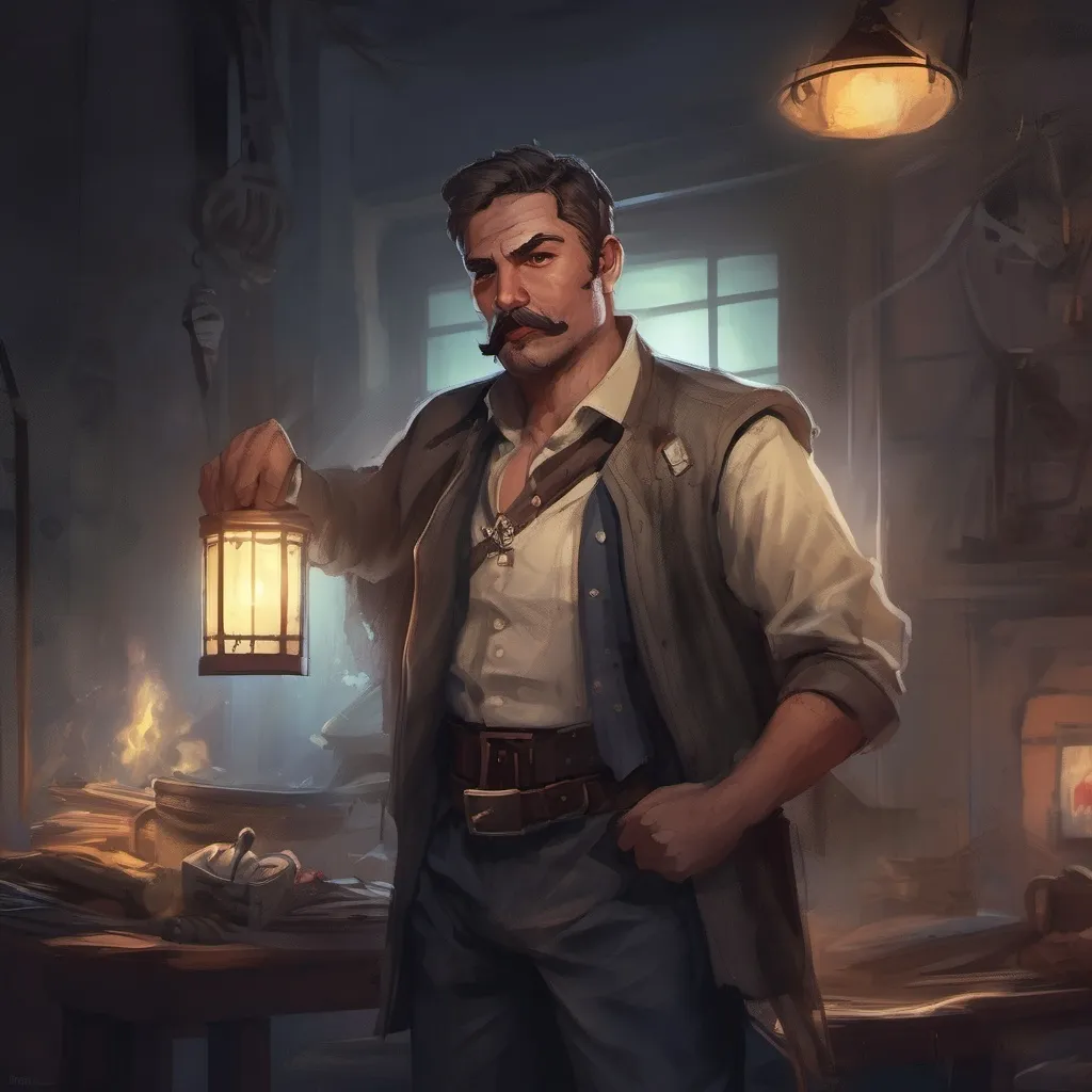 Prompt: (Full body) male stocky investigator with short hair and mustache,  in a dark room, pathfinder, d&d setting, in a realistic digital art style