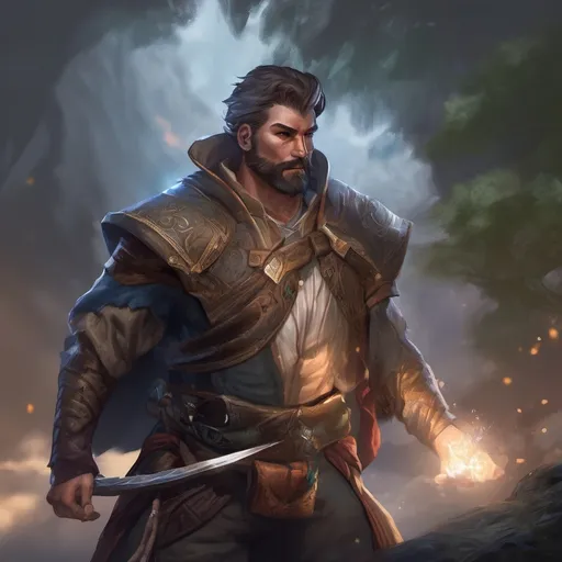 Prompt: (Full body) male stocky big-chested sorcerer with striped short hair and beard, no shirt on, hairy chest, casting swirly bright spell, in nature at night, pathfinder, d&d setting, in a realistic digital art style