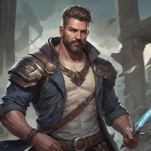 Prompt: (torso) Male stocky large 42-year old sommoner with short-cut hair and beard, open shirt hairy chest, in combat casting a magic-ray out of hands in a windy path, pathfinder, d&d setting, in a realistic high quality digital art style, enhanced shadow quality, colorful
