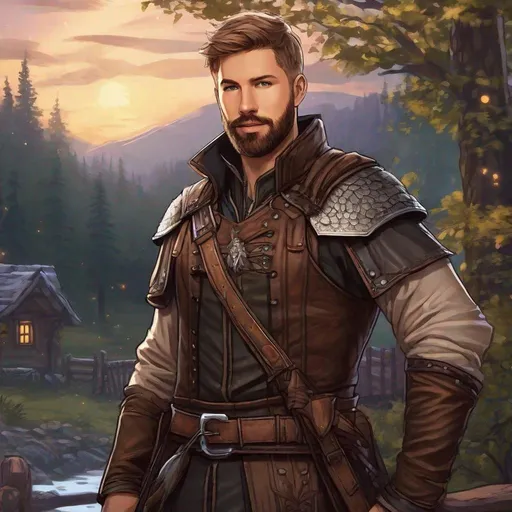 Prompt: (Full body) calvin harris as a ranger in leather armor, handsome face, bearded, short hair, fantasy setting, boots, belt, standing outside a tavern in the woods at night, in a realistic digital style