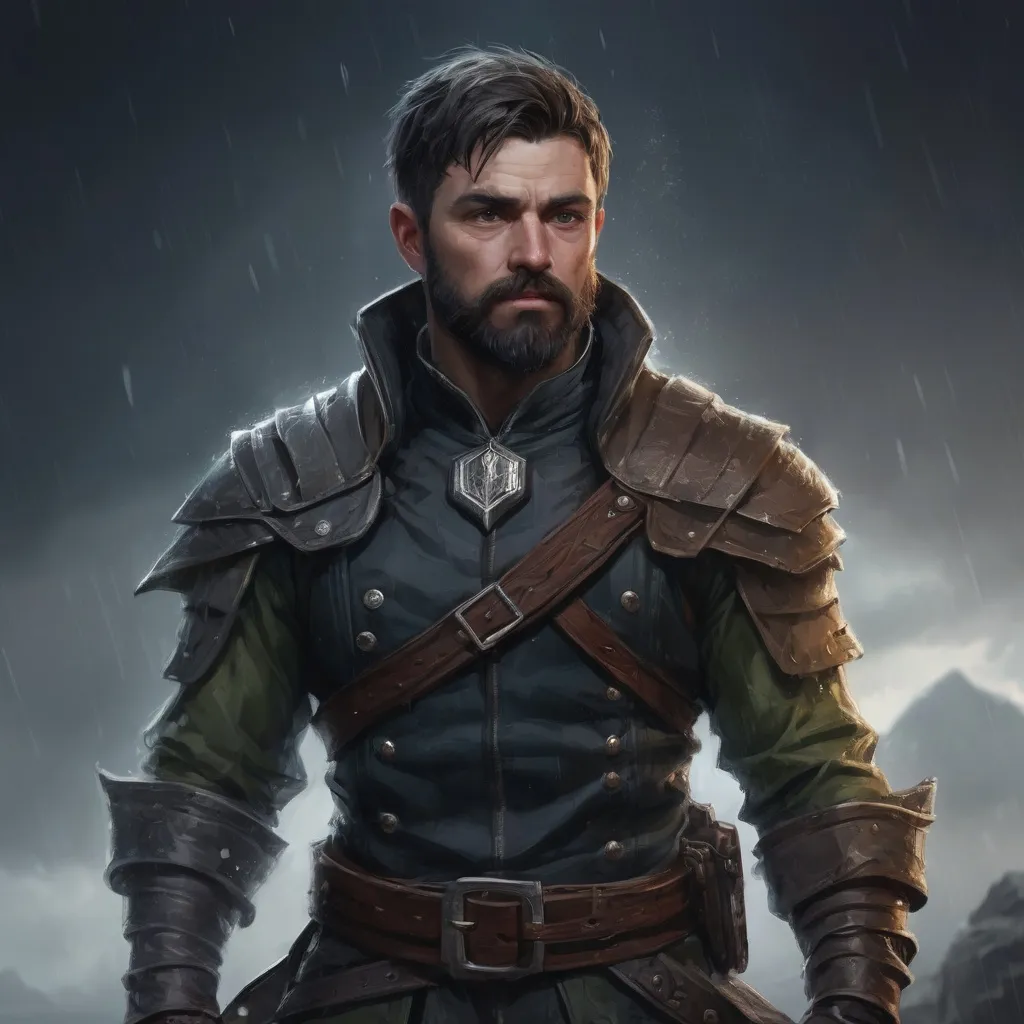 Prompt: Male stocky heavy-set mature fantasy-ranger with short-cut hair and beard, in a storm at night, pathfinder, d&d setting, in a realistic high quality digital art style, enhanced shadow quality