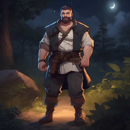 Prompt: (Full body) male stocky big-chested fighter with short hair and beard, open shirt, in nature at night, pathfinder, d&d setting, in a realistic digital art style