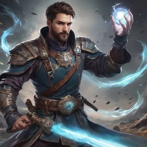Prompt: (head and torso) Male heavy-set fit arcanist with short-cut hair and beard, holding magic-spell, in a windy battlefield, pathfinder, d&d setting, enhanced shadow qualitycolorful