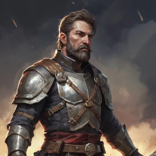 Prompt: (torso) Male heavy-set mature fit magical halbardier with short-cut hair and beard, holding fantasy-weapon, in movement, in a windy battlefield, pathfinder, d&d setting, enhanced shadow quality