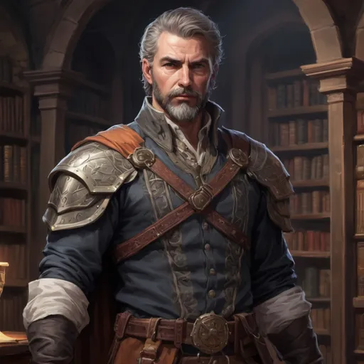 Prompt: Male stocky mature noble marksman, with short hair and beard, open shirt, hairy chest, in a dark library in a castle, pathfinder, d&d setting, in a realistic high quality digital art style, enhanced shadow quality, colorful