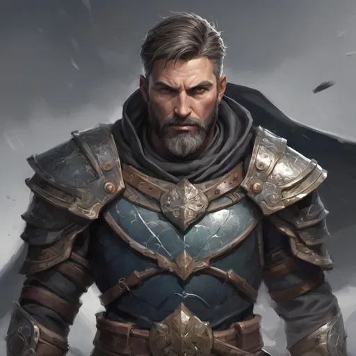 Prompt: (torso) Male heavy-set mature fit magical Paladin with short-cut hair and beard, holding fantasy-weapon , in a windy battlefield, pathfinder, d&d setting, enhanced shadow quality