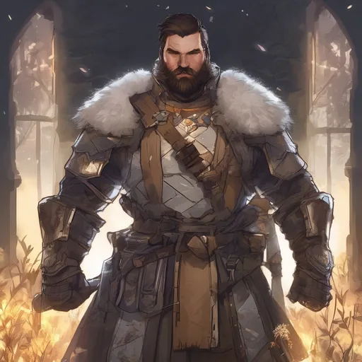 Prompt: (Full body) male stocky big-chested hairy-chested paladin with short hair and beard, open shirt, in nature at night, pathfinder, d&d setting, in a realistic digital art style