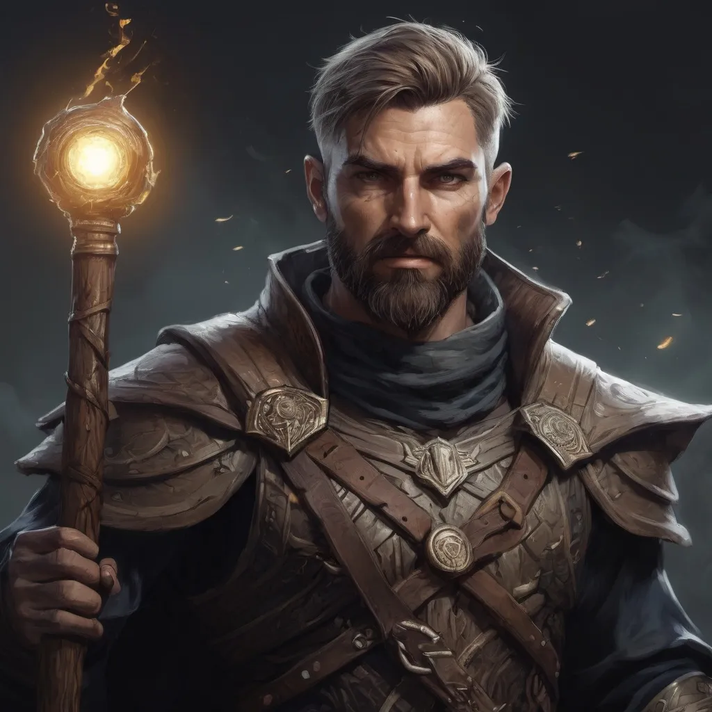 Prompt: Male heavy-set handsome fit fantasy-druid with short-cut hair and beard, casting magic out of magic wooden-staff, in a windy field at night, pathfinder, d&d setting, enhanced shadow quality