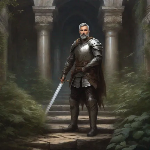 Prompt: (Full body) a great knight with short beard grey short-cut hair, belt, boots, leather pants, holding a sword, standing in a dark overgrown temple ruin, fantasy setting, dungeons & dragons, in a painted style realistic art