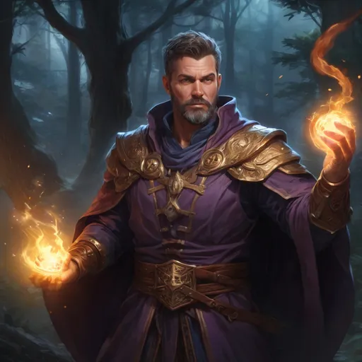 Prompt: Male stocky heavy-set mature summoner with short-cut hair and beard, magical glowing robes, casting a spell in combat outside of fantasy forest at night, pathfinder, d&d setting, in a realistic high quality digital art style, enhanced shadow quality